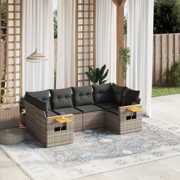 6 pcs conjunto sofás de jardim com almofadões vime cinzento D