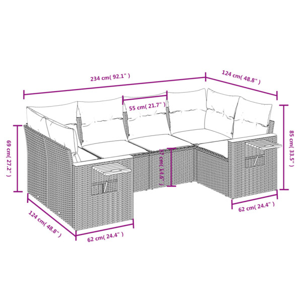 6 pcs conjunto sofás de jardim com almofadões vime cinzento M 3