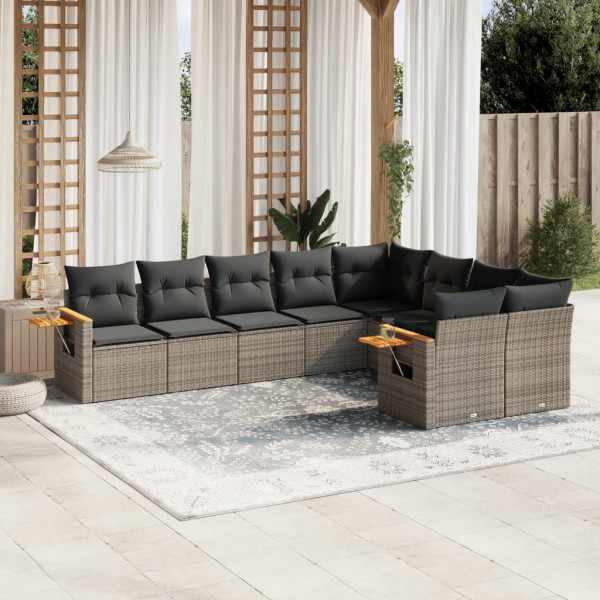 9 pcs conjunto sofás p/ jardim com almofadões vime PE cinzento D