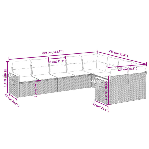 9 pcs conjunto sofás p/ jardim com almofadões vime PE cinzento M 3