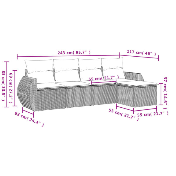 5 pcs conjunto sofás de jardim com almofadões vime PE preto M 3