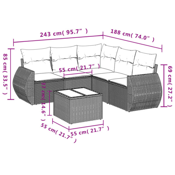 6 pcs conjunto sofás de jardim com almofadões vime cinzento M 3