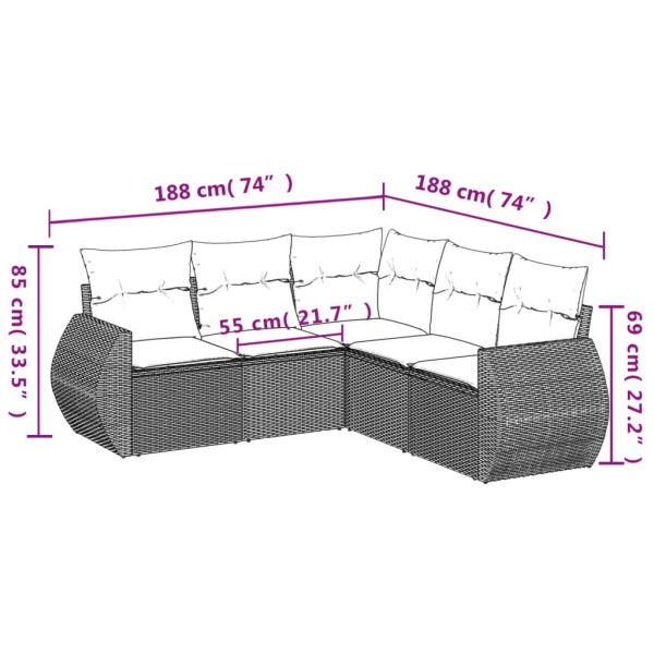 5 pcs conjunto sofás de jardim com almofadões vime PE preto M 3