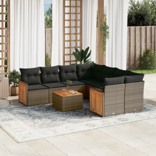 9 pcs conjunto sofás p/ jardim com almofadões vime PE cinzento D