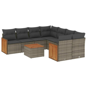 9 pcs conjunto sofás p/ jardim com almofadões vime PE cinzento H