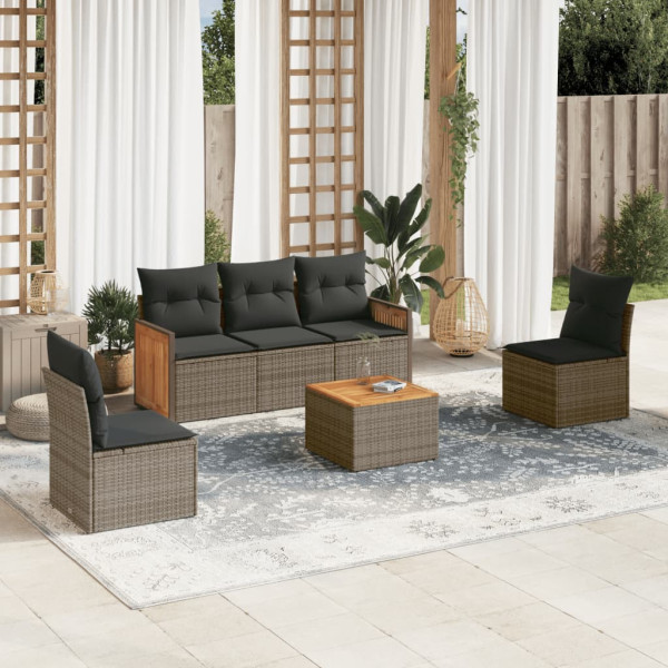 Set de muebles de jardín 6 pzas y cojines ratán sintético gris D