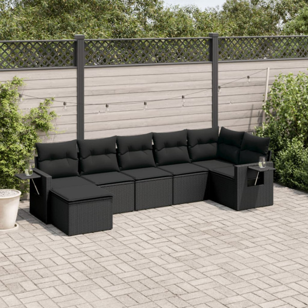 7 pcs conjunto de sofás p/ jardim c/ almofadões vime PE preto D