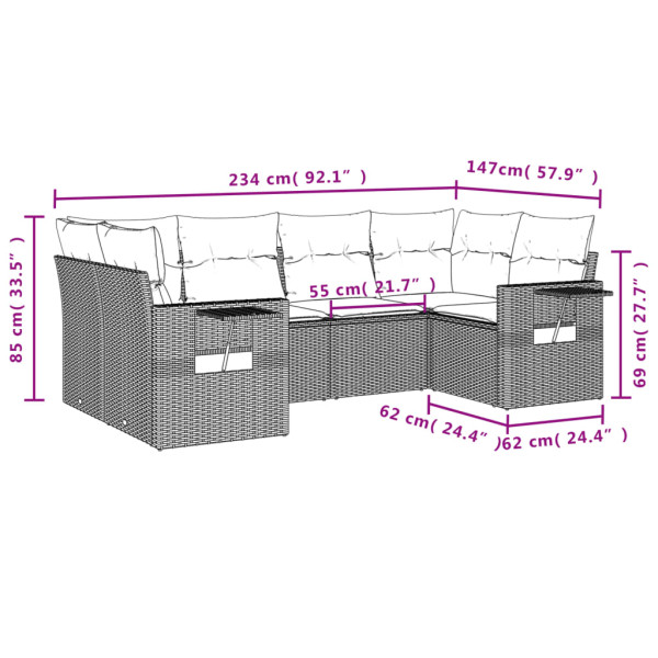 Set de muebles de jardín 6 pzas y cojines ratán sintético gris M 3