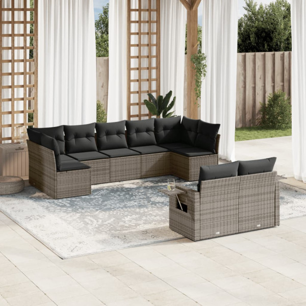 Set de muebles de jardín 9 pzas y cojines ratán sintético gris D