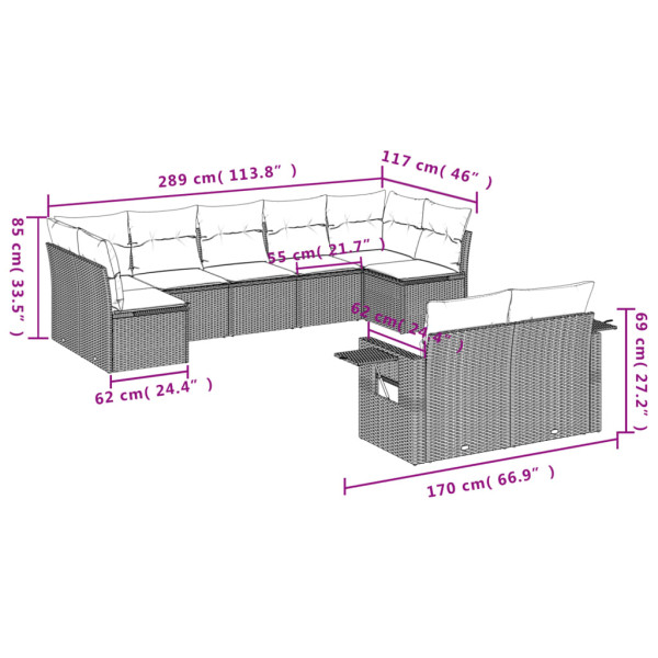 9 pcs conjunto sofás p/ jardim com almofadões vime PE cinzento M 3