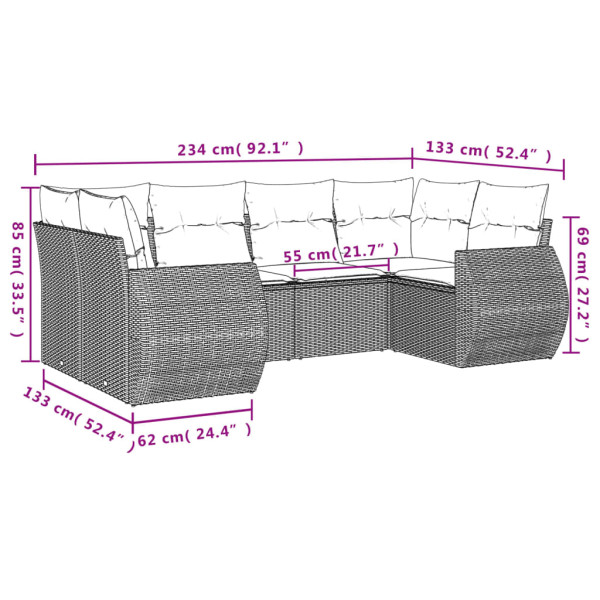 Set de muebles de jardín 6 pzas y cojines ratán sintético gris M 3