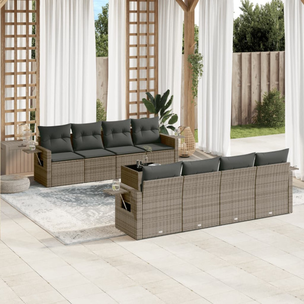 Set de muebles de jardín 9 pzas y cojines ratán sintético gris D