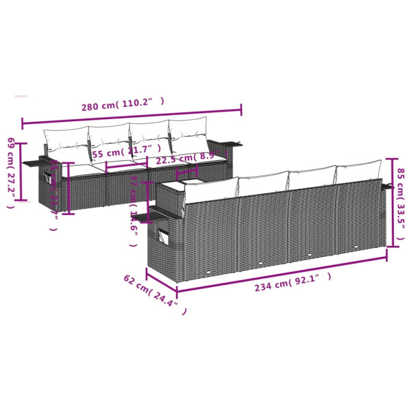 9 pcs conjunto sofás p/ jardim com almofadões vime PE cinzento M 3