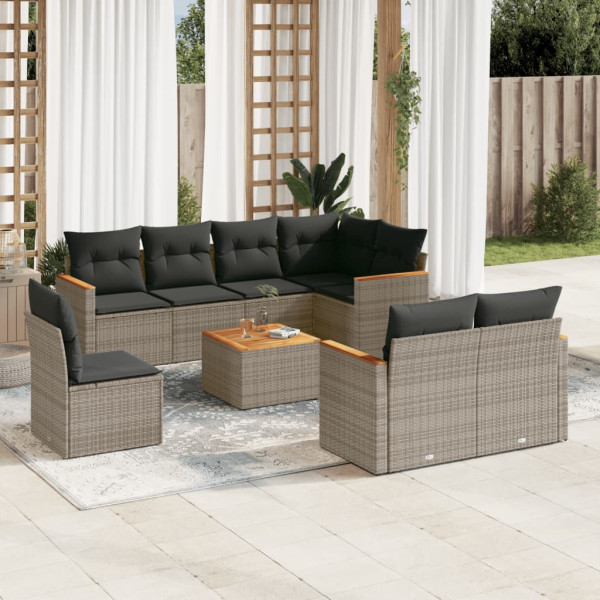 9 pcs conjunto sofás p/ jardim com almofadões vime PE cinzento D