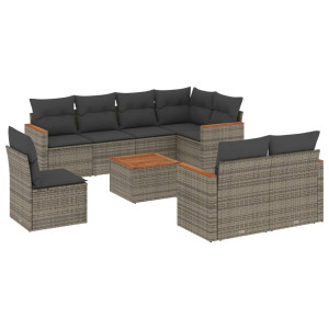 9 pcs conjunto sofás p/ jardim com almofadões vime PE cinzento H