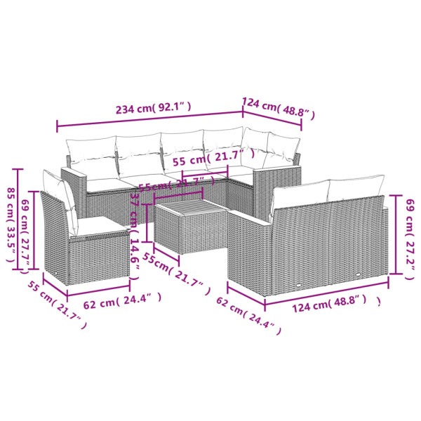 9 pcs conjunto sofás p/ jardim com almofadões vime PE cinzento M 3