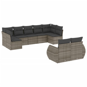 9 pcs conjunto sofás p/ jardim com almofadões vime PE cinzento H