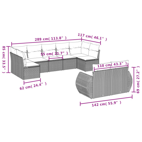 9 pcs conjunto sofás p/ jardim com almofadões vime PE cinzento M 3