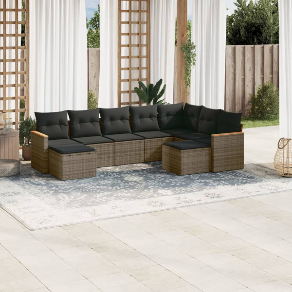 Set de muebles de jardín 9 pzas y cojines ratán sintético gris D