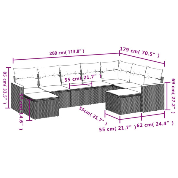 9 pcs conjunto sofás p/ jardim com almofadões vime PE cinzento M 3