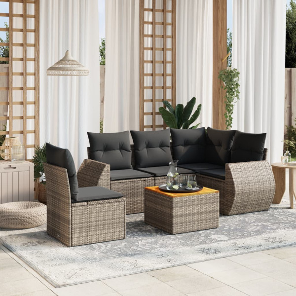 6 pcs conjunto sofás de jardim com almofadões vime cinzento D