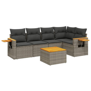 Set de muebles de jardín 6 pzas y cojines ratán sintético gris H