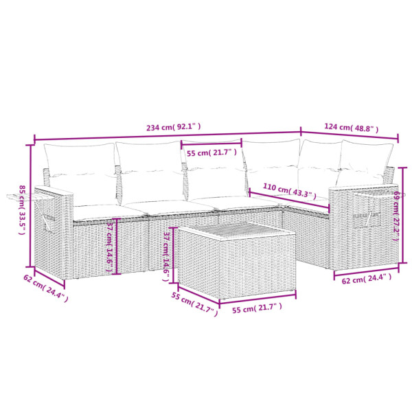Set de muebles de jardín 6 pzas y cojines ratán sintético gris M 3