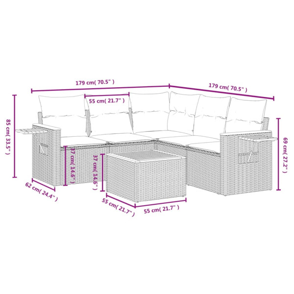 6 pcs conjunto sofás de jardim com almofadões vime cinzento M 3