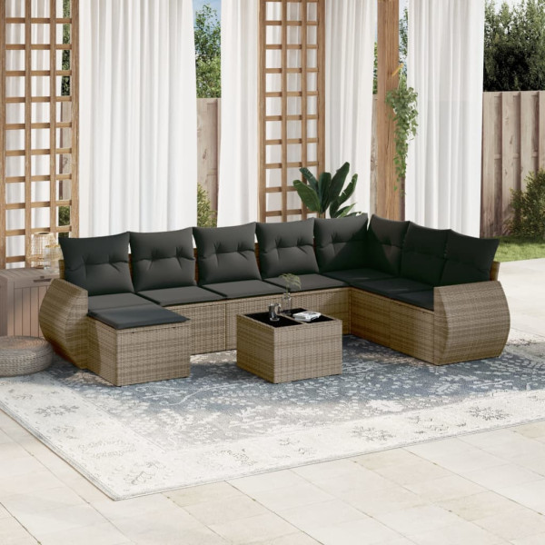 Set de muebles de jardín 9 pzas y cojines ratán sintético gris D