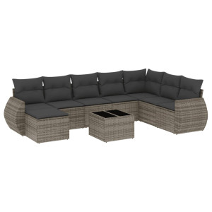 9 pcs conjunto sofás p/ jardim com almofadões vime PE cinzento H