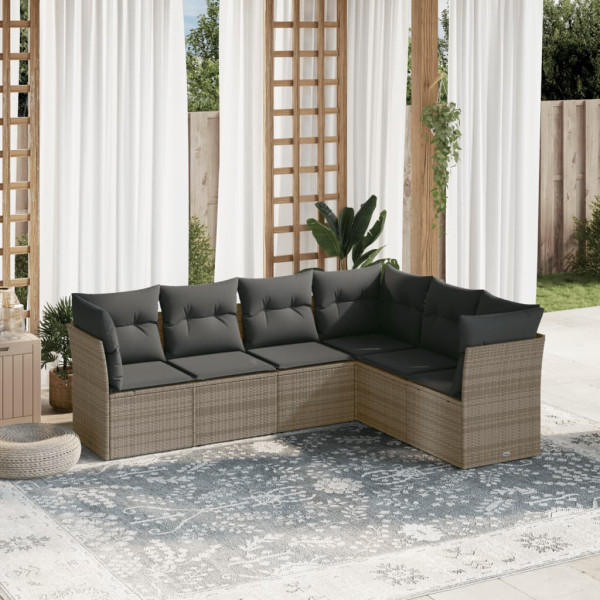 6 pcs conjunto sofás de jardim com almofadões vime cinzento D
