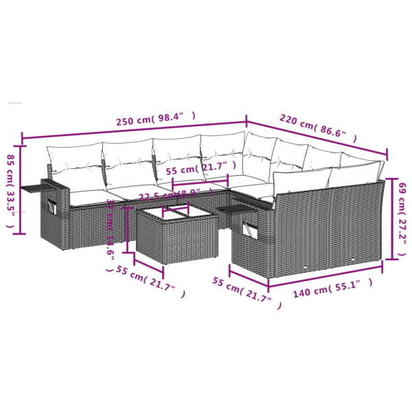 9 pcs conjunto sofás p/ jardim com almofadões vime PE cinzento M 3