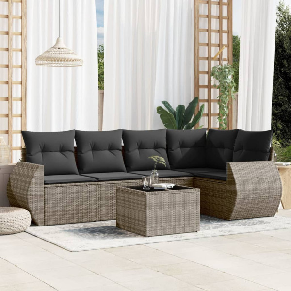 6 pcs conjunto sofás de jardim com almofadões vime cinzento D