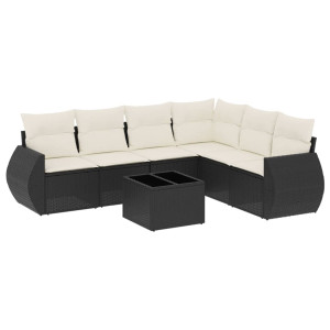 Set de comedor de jardín 7 pzas y cojines ratán sintético negro H