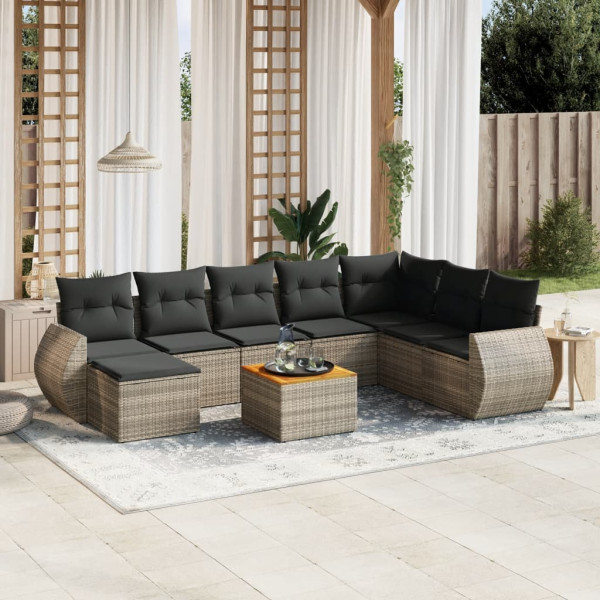 Set de muebles de jardín 9 pzas y cojines ratán sintético gris D