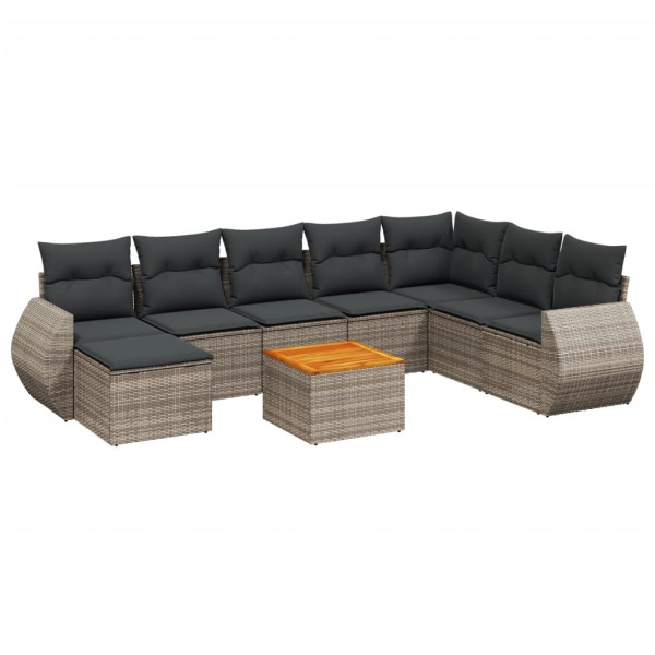 Set de muebles de jardín 9 pzas y cojines ratán sintético gris M 2