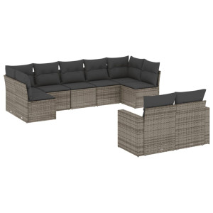 9 pcs conjunto sofás p/ jardim com almofadões vime PE cinzento H