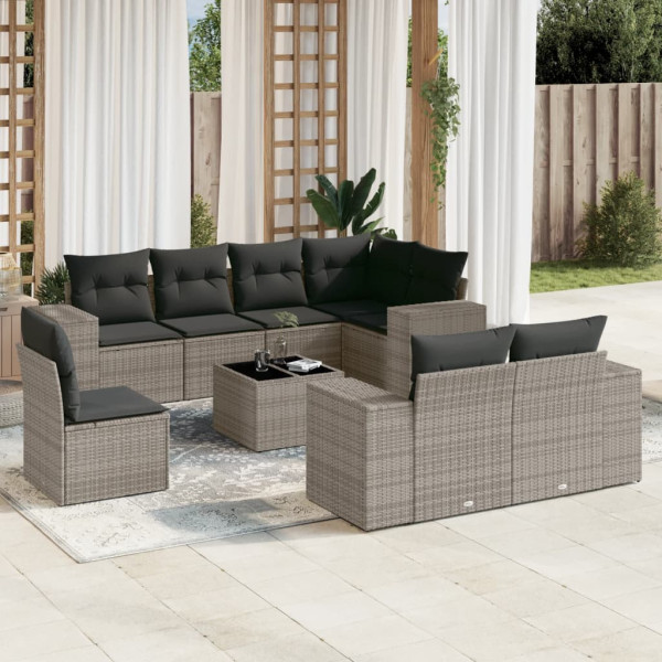 9 pcs conjunto sofás p/ jardim com almofadões vime PE cinzento D