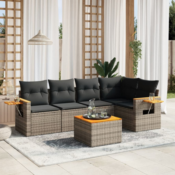 6 pcs conjunto sofás de jardim com almofadões vime cinzento D
