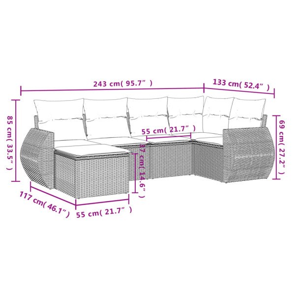 Set de muebles de jardín 6 pzas y cojines ratán sintético gris M 3