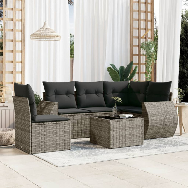 6 pcs conjunto sofás de jardim com almofadões vime cinzento D