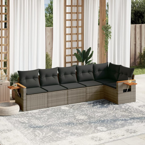 6 pcs conjunto sofás de jardim com almofadões vime cinzento D