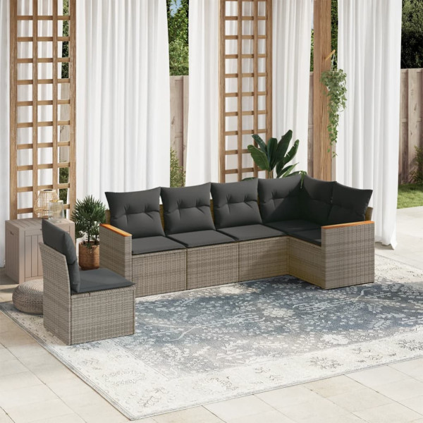 6 pcs conjunto sofás de jardim com almofadões vime cinzento D
