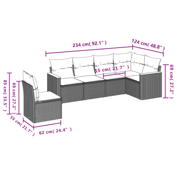Set de muebles de jardín 6 pzas y cojines ratán sintético gris M 3