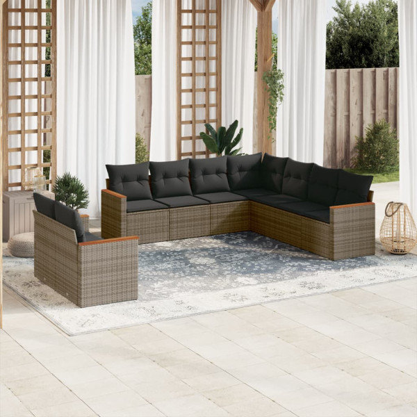 9 pcs conjunto sofás p/ jardim com almofadões vime PE cinzento D