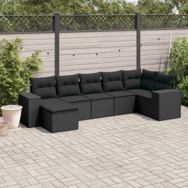 7 pcs conjunto de sofás p/ jardim c/ almofadões vime PE preto D