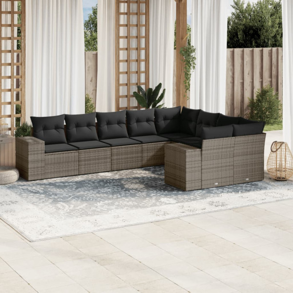 9 pcs conjunto sofás p/ jardim com almofadões vime PE cinzento D