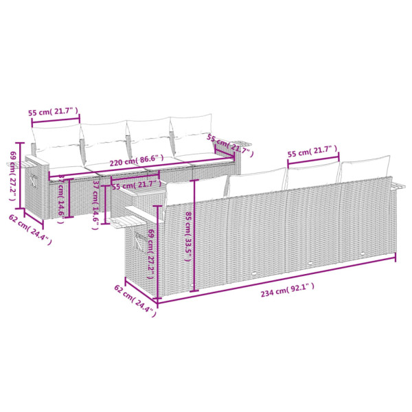 9 pcs conjunto sofás p/ jardim com almofadões vime PE cinzento M 3
