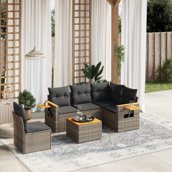 6 pcs conjunto sofás de jardim com almofadões vime cinzento D