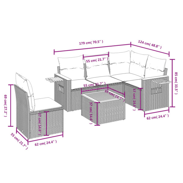 6 pcs conjunto sofás de jardim com almofadões vime cinzento M 3